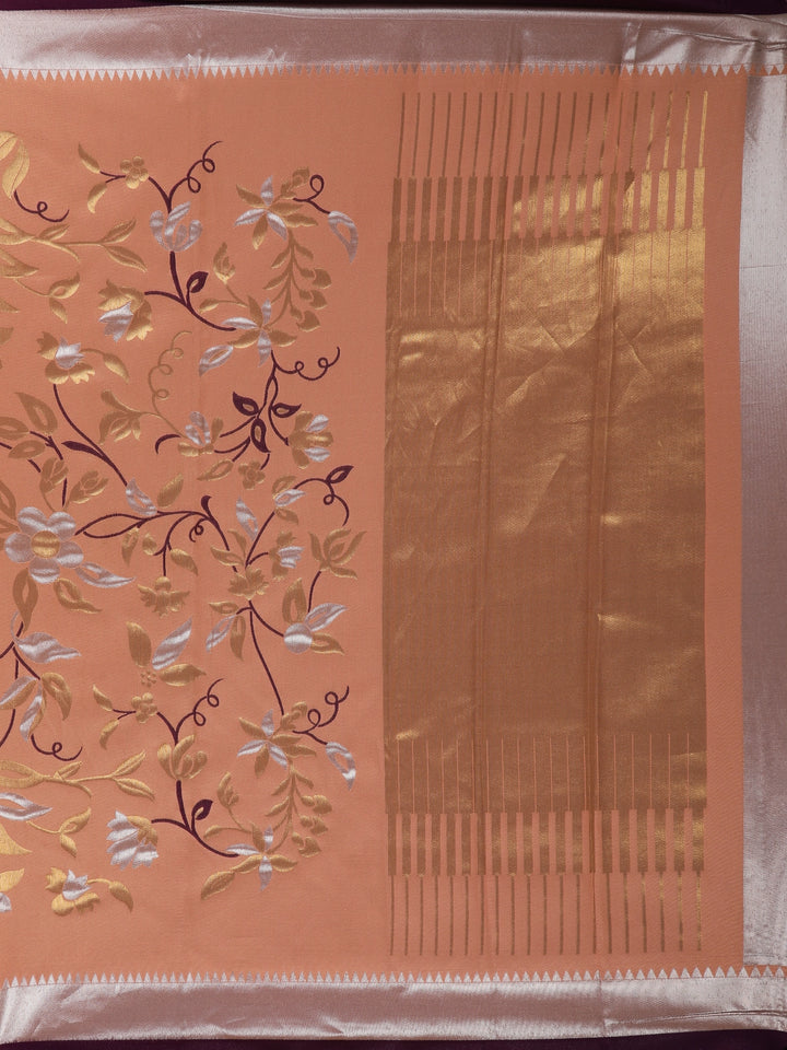 Orange Floral Designed Soft Silk Saree - Diadem