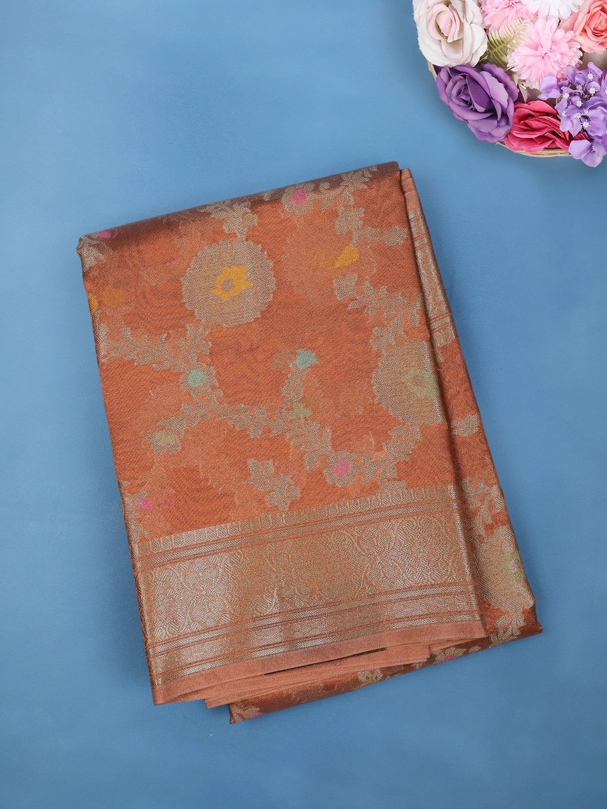Orange Floral Design Zari Work Tissue Silk Saree - Diadem