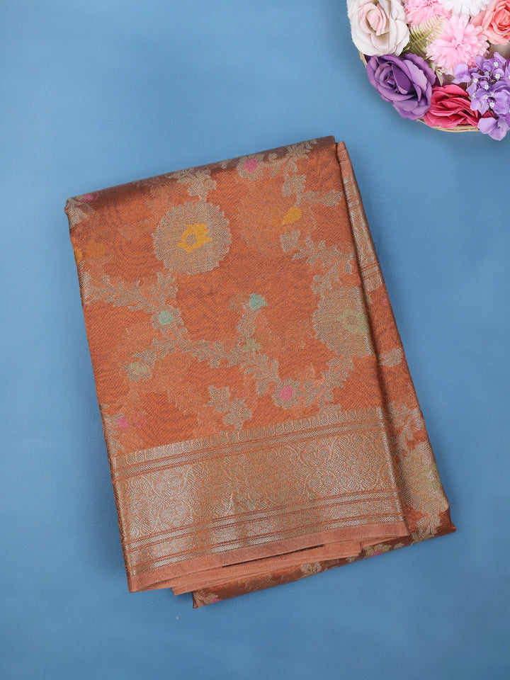 Orange Floral Design Zari Work Tissue Silk Saree - Diadem