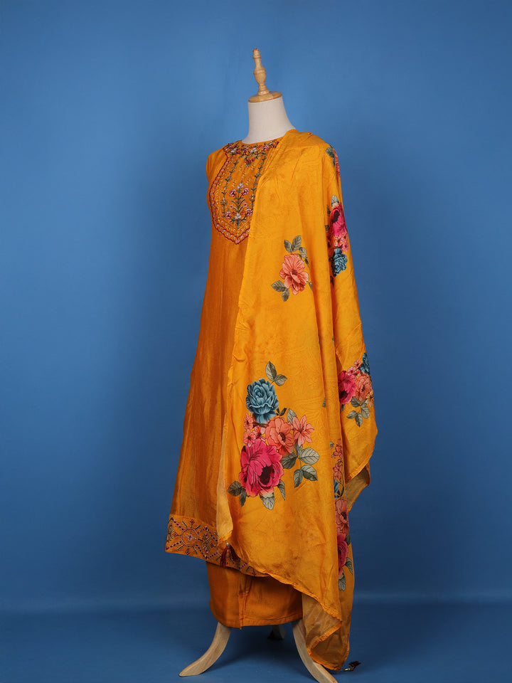 Orange Floral Designed Chiffon Salwar Suit - Diadem