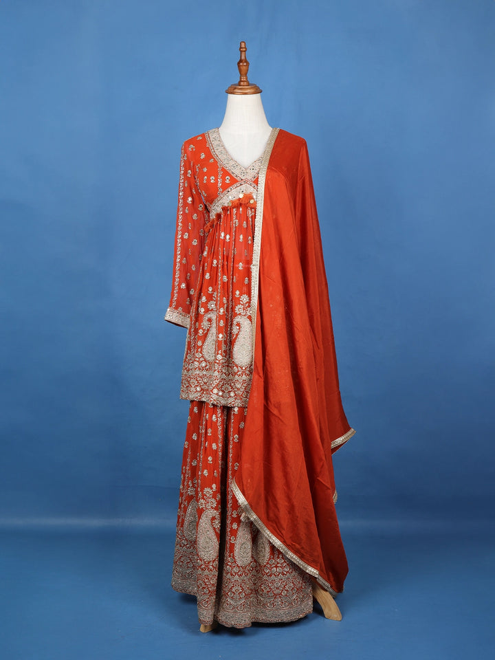 Orange Floral Designed Georgette Sharara Salwar Suit - Diadem