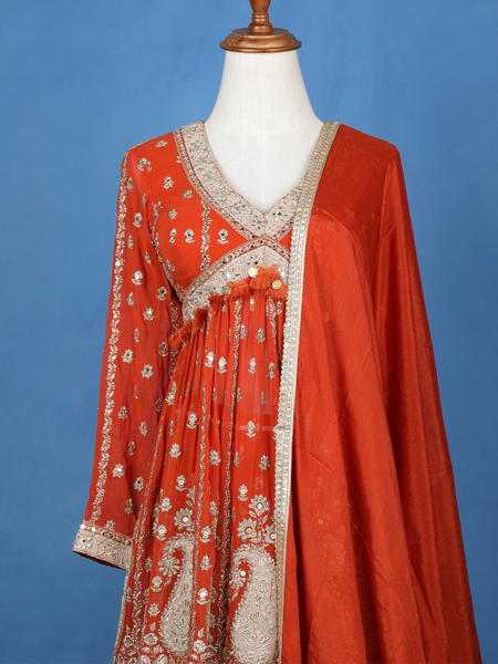 Orange Floral Designed Georgette Sharara Salwar Suit - Diadem