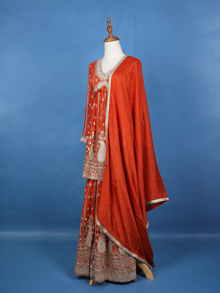 Orange Floral Designed Georgette Sharara Salwar Suit - Diadem