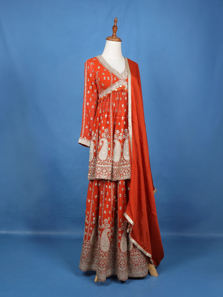 Orange Floral Designed Georgette Sharara Salwar Suit - Diadem