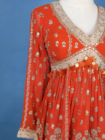 Orange Floral Designed Georgette Sharara Salwar Suit - Diadem