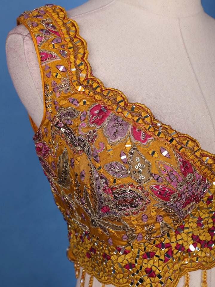 Orange Floral Designed Semi Silk Lehenga - Diadem