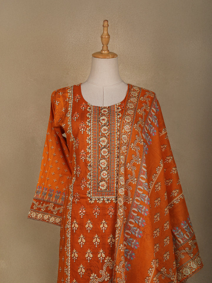 Orange Floral Designed Semi Silk Salwar Suit - Diadem