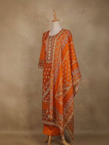 Orange Floral Designed Semi Silk Salwar Suit - Diadem