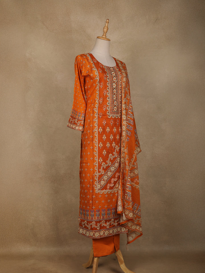 Orange Floral Designed Semi Silk Salwar Suit - Diadem