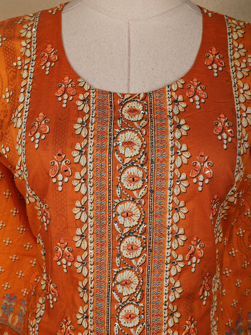 Orange Floral Designed Semi Silk Salwar Suit - Diadem