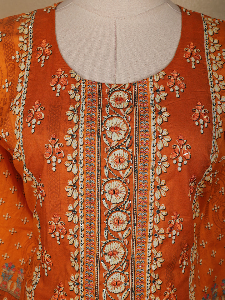 Orange Floral Designed Semi Silk Salwar Suit - Diadem