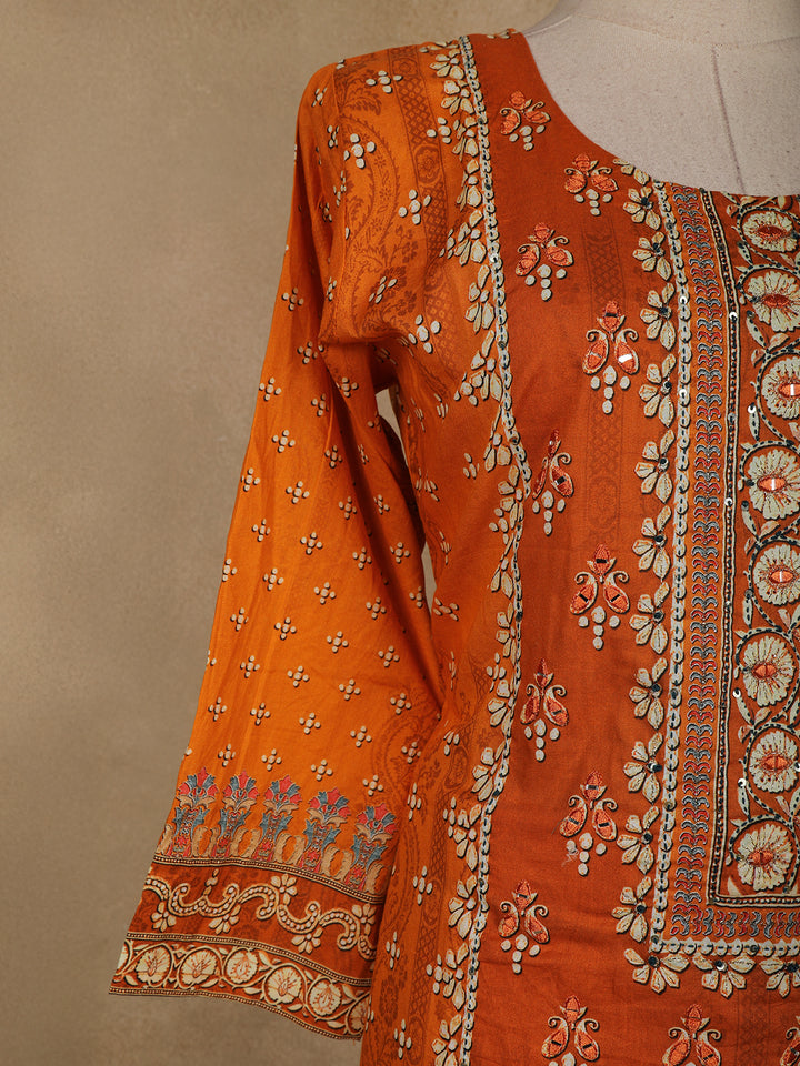Orange Floral Designed Semi Silk Salwar Suit - Diadem