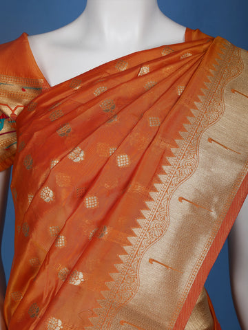 Orange Floral Designed Soft Silk Saree - Diadem