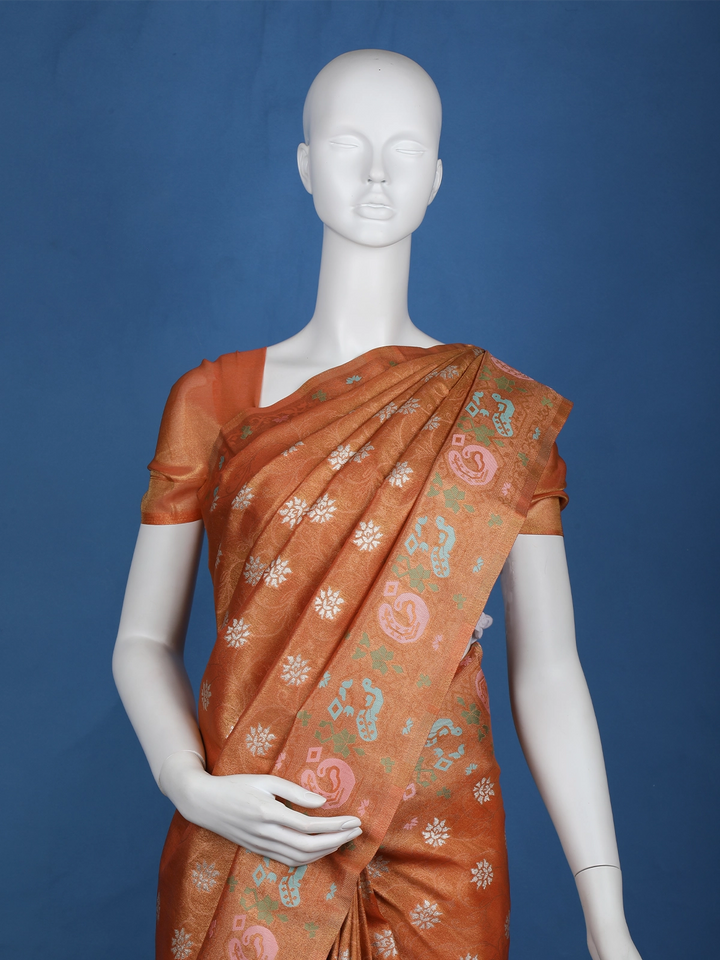 Orange Floral Designed Soft Silk Saree - Diadem