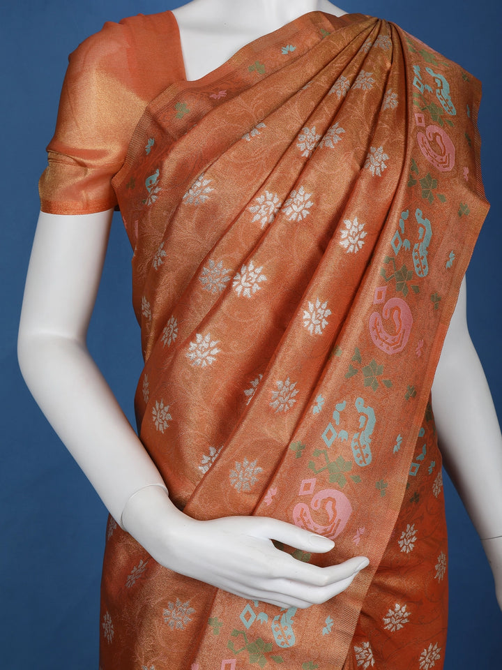 Orange Floral Designed Soft Silk Saree - Diadem