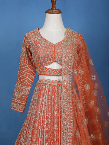 Orange Floral Embroidery Bridal Net Lehenga Set - Diadem
