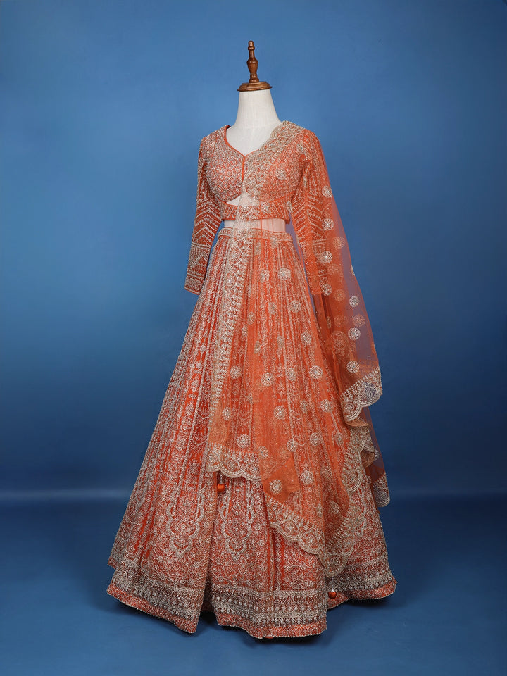 Orange Floral Embroidery Bridal Net Lehenga Set - Diadem