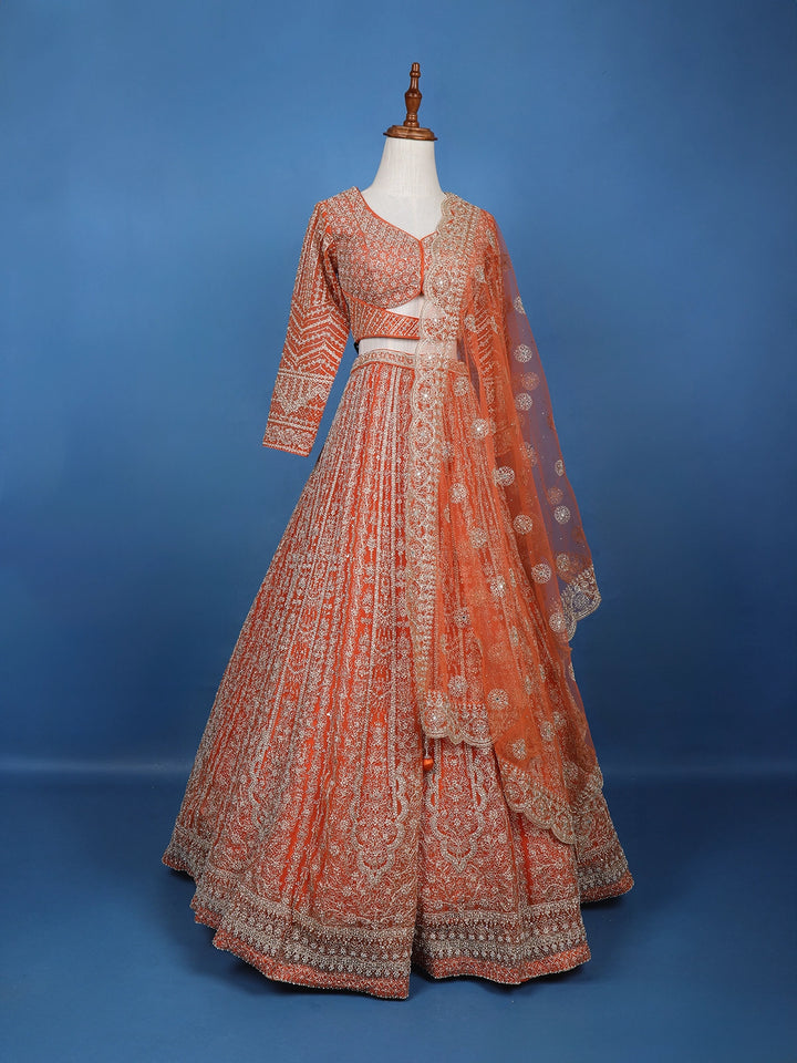 Orange Floral Embroidery Bridal Net Lehenga Set - Diadem