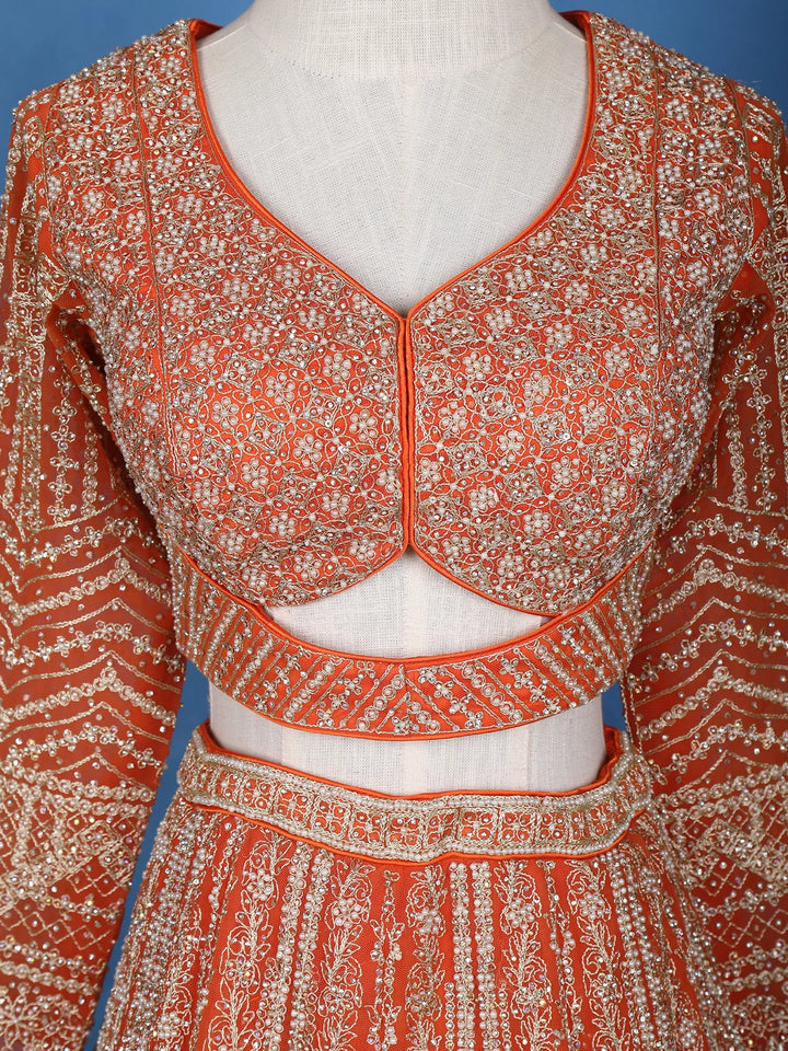 Orange Floral Embroidery Bridal Net Lehenga Set - Diadem