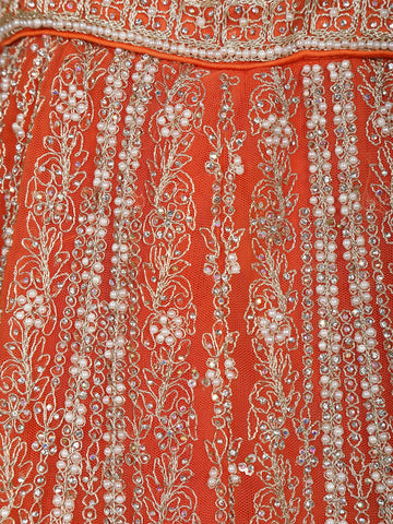 Orange Floral Embroidery Bridal Net Lehenga Set - Diadem