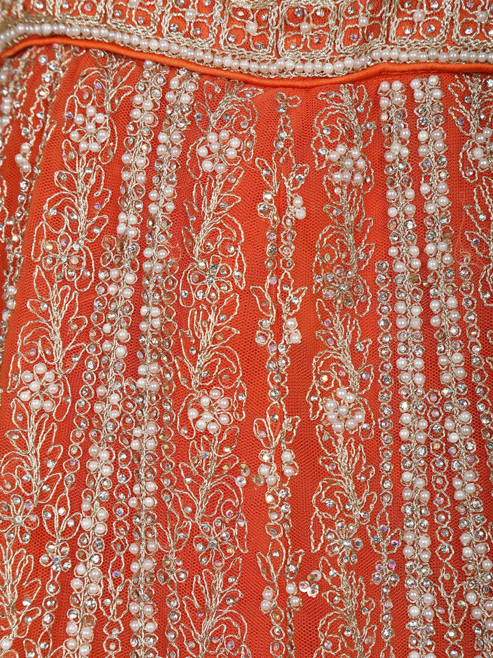 Orange Floral Embroidery Bridal Net Lehenga Set - Diadem