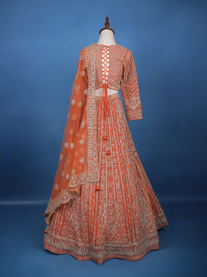 Orange Floral Embroidery Bridal Net Lehenga Set - Diadem