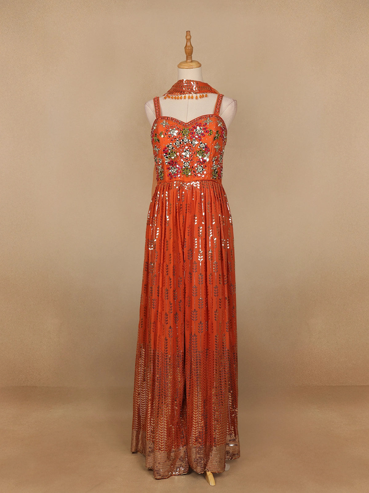 Orange Floral Mirror Embroidery Georgette Jumpsuit
