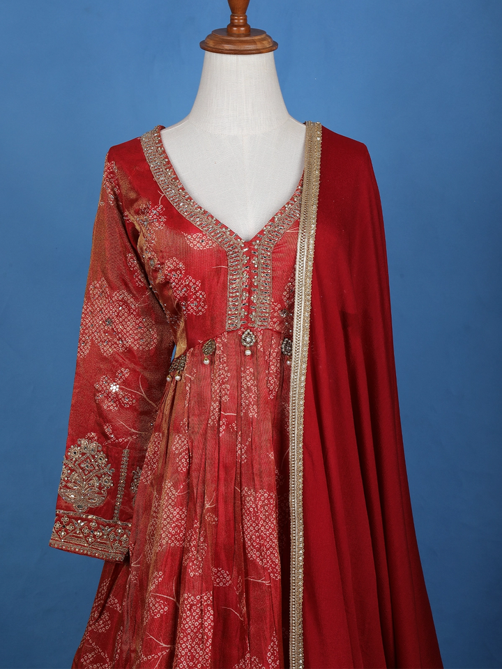 Orange Floral Motif Bead And Printed Georgette Gown - Diadem