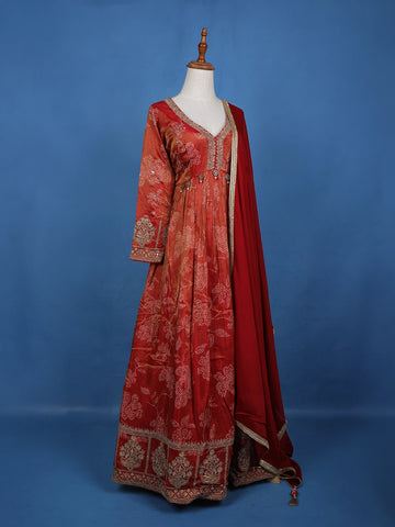 Orange Floral Motif Bead And Printed Georgette Gown - Diadem