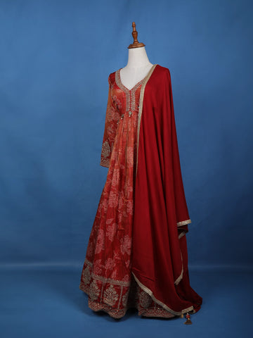 Orange Floral Motif Bead And Printed Georgette Gown - Diadem