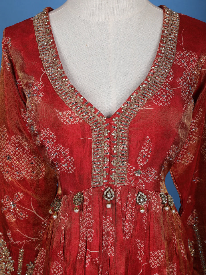 Orange Floral Motif Bead And Printed Georgette Gown - Diadem