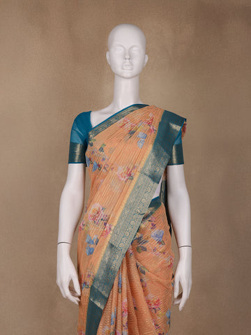 Orange Floral Printed Chiffon Saree - Diadem