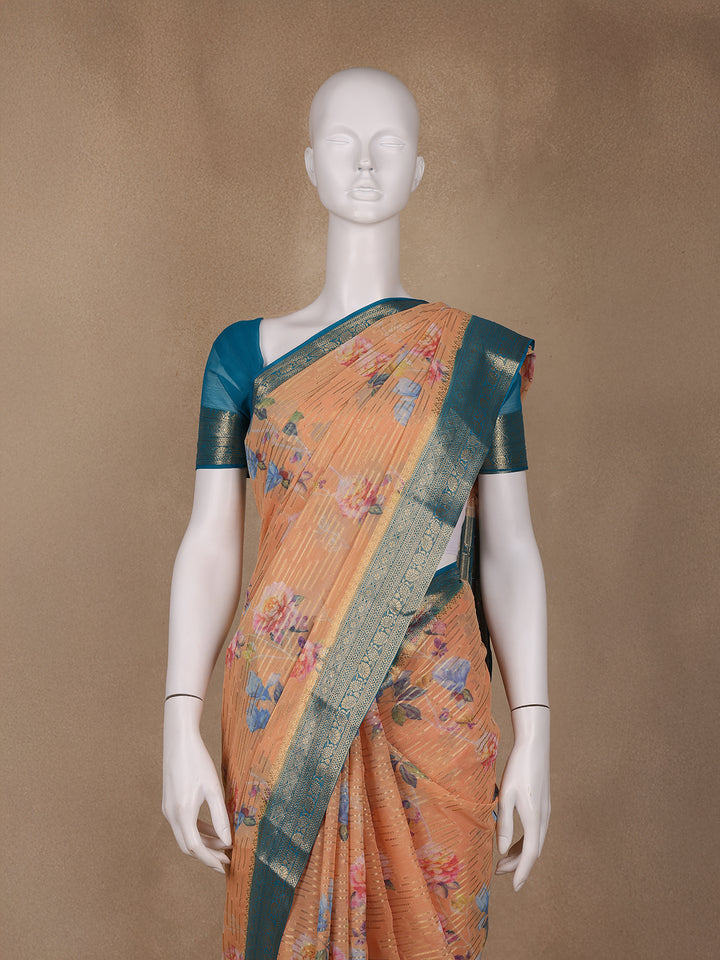 Orange Floral Printed Chiffon Saree - Diadem