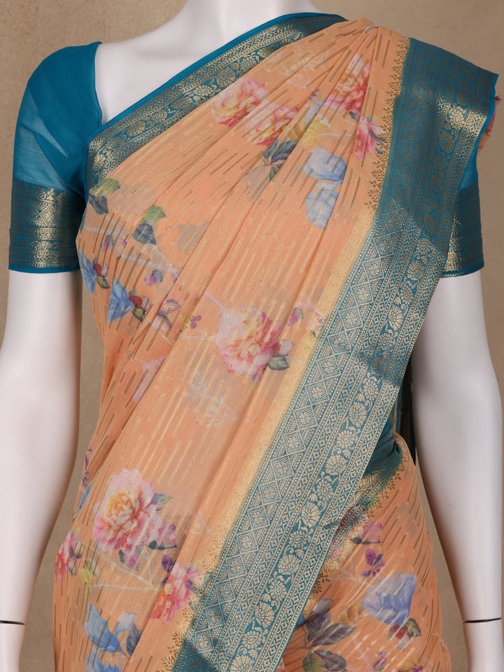 Orange Floral Printed Chiffon Saree - Diadem