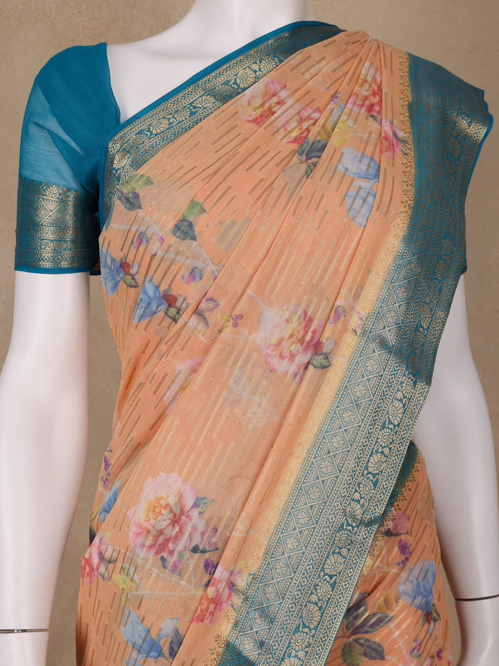 Orange Floral Printed Chiffon Saree - Diadem
