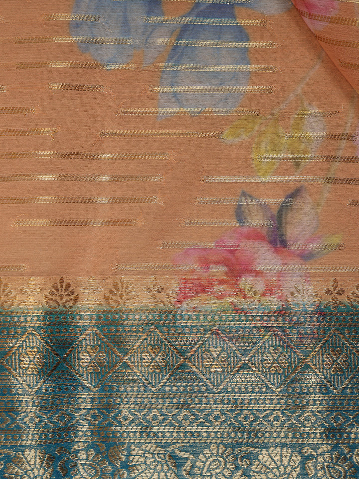 Orange Floral Printed Chiffon Saree - Diadem