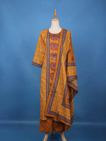 Orange Floral Printed Cotton Salwar Suit - Diadem