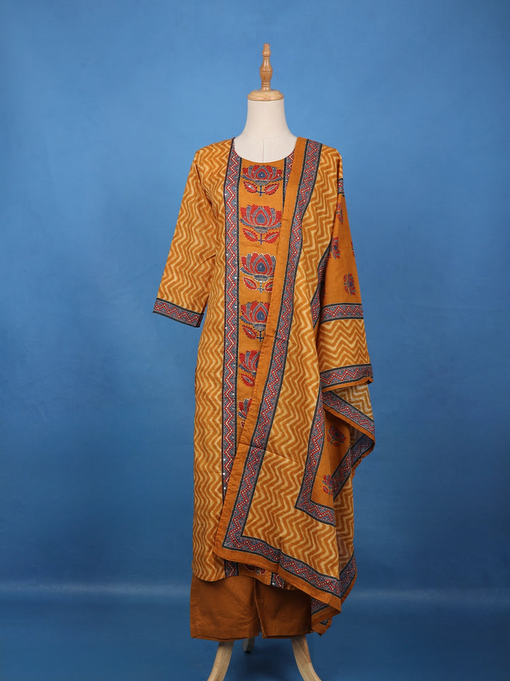 Orange Floral Printed Cotton Salwar Suit - Diadem