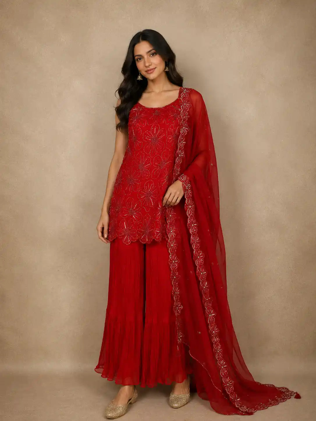 Orange Floral Sequins Design Georgette Sharara Set with Dupatta