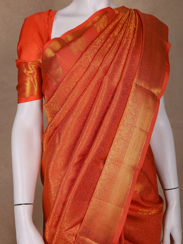 Orange Floral Woven Pure Kanchipuram Silk Saree - Diadem