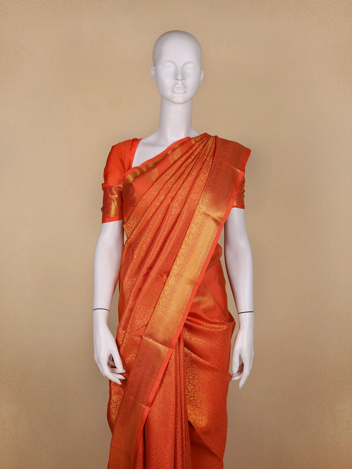 Orange Floral Woven Pure Kanchipuram Silk Saree - Diadem