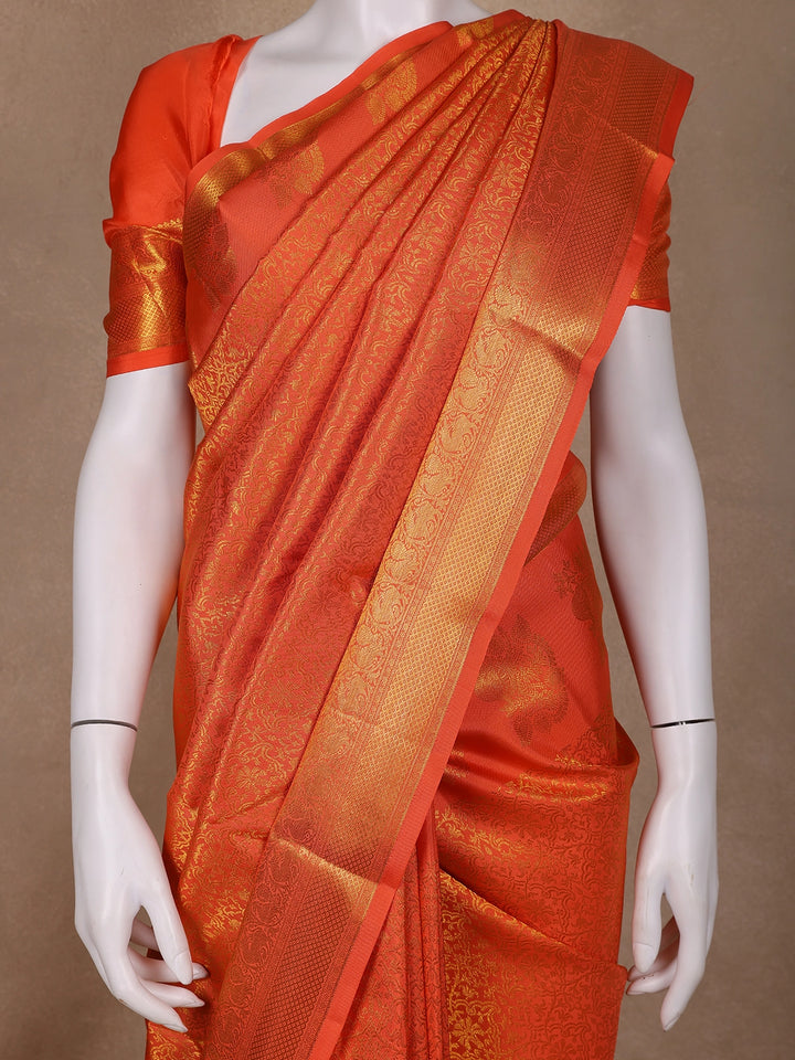 Orange Floral Woven Pure Kanchipuram Silk Saree - Diadem