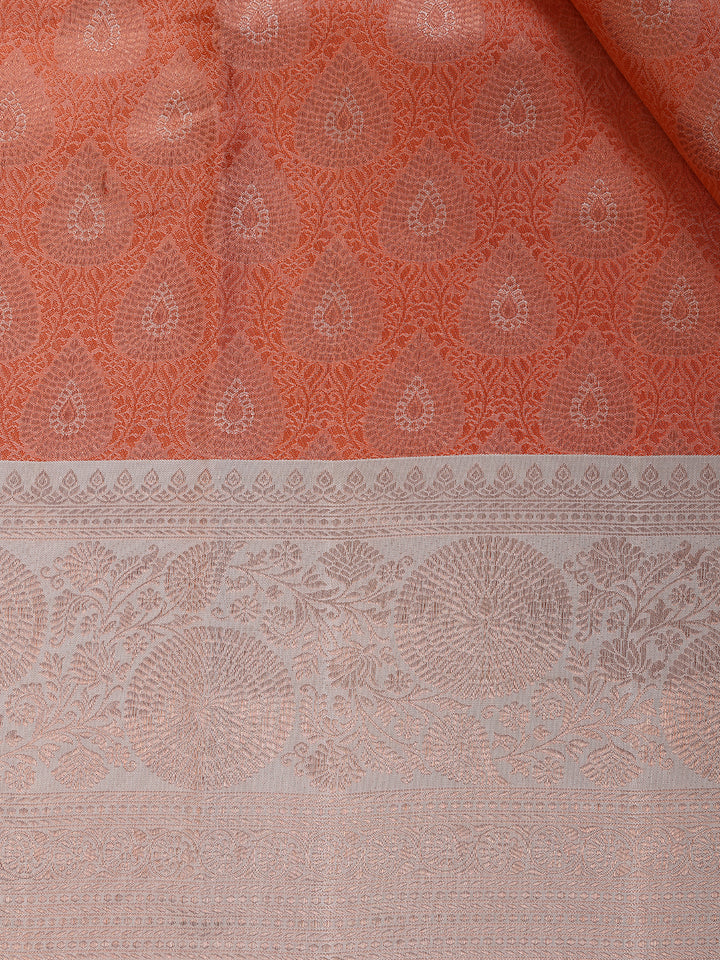 Orange Floral Woven Pure Kanchipuram Silk Saree - Diadem