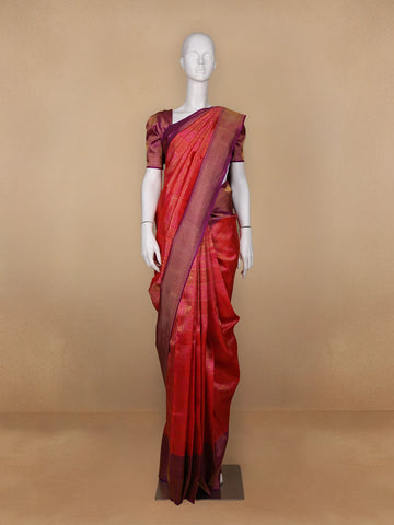 Orange Floral Woven Pure Kanchipuram Silk Saree - Diadem