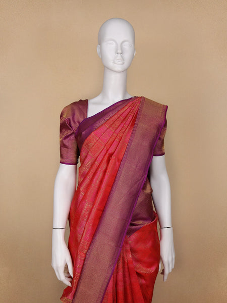 Orange Floral Woven Pure Kanchipuram Silk Saree - Diadem