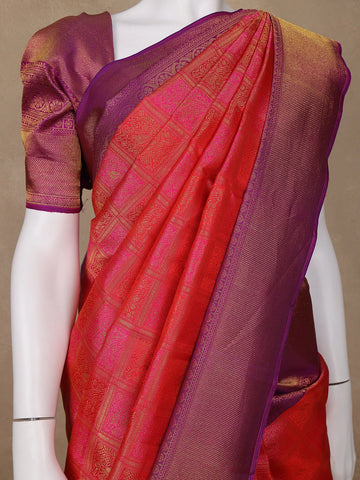 Orange Floral Woven Pure Kanchipuram Silk Saree - Diadem