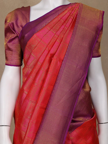 Orange Floral Woven Pure Kanchipuram Silk Saree - Diadem