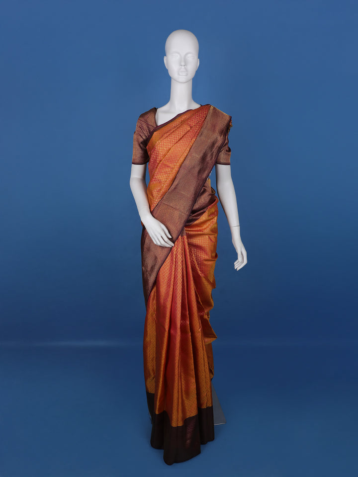 Orange Floral Woven Pure Kanchipuram Silk Saree - Diadem