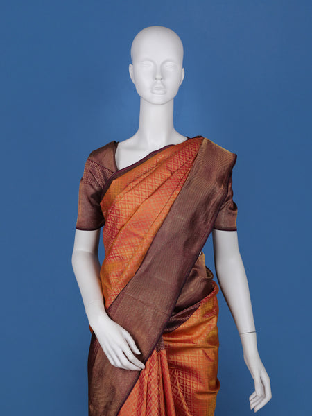 Orange Floral Woven Pure Kanchipuram Silk Saree - Diadem