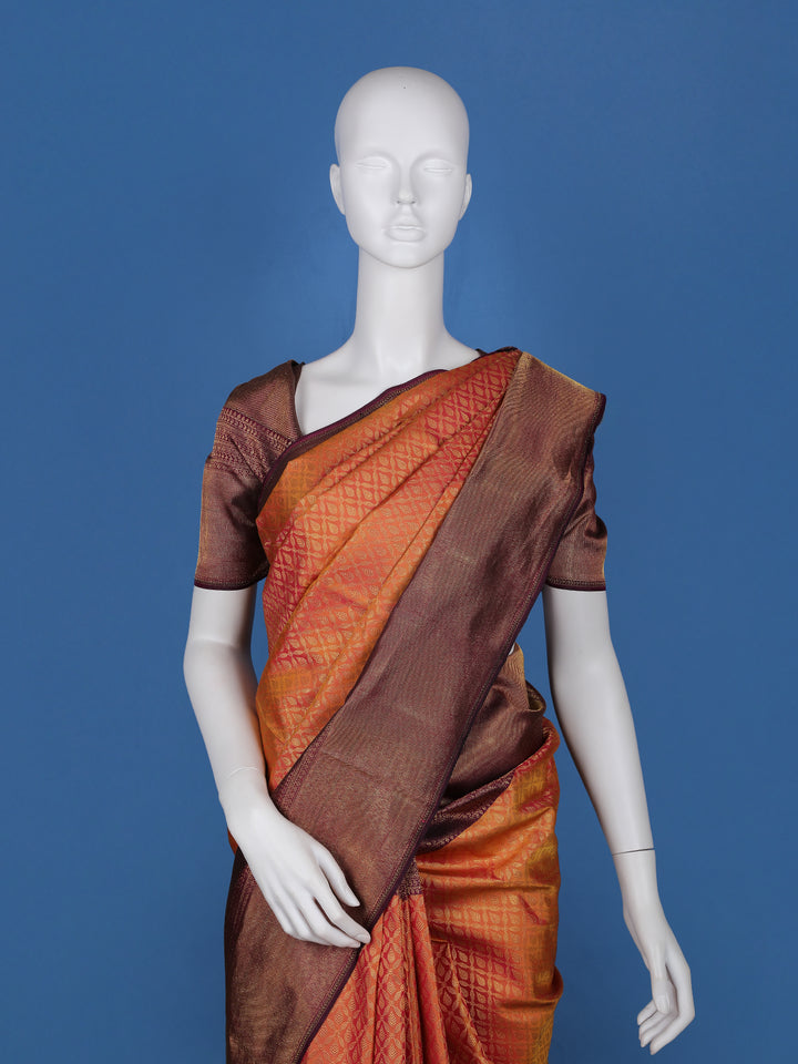Orange Floral Woven Pure Kanchipuram Silk Saree - Diadem